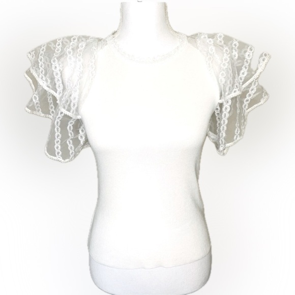 La’ Ros White Boho Sequin Flutter Sleeve Top Sweater Women Size Small - Picture 3 of 10